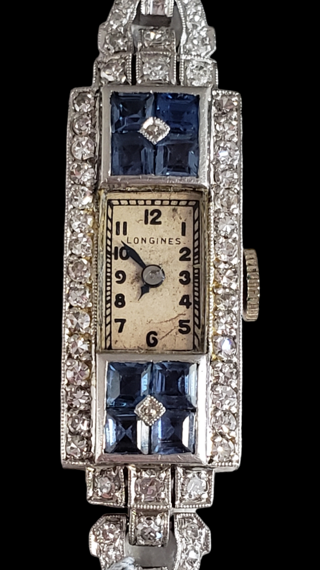 Vintage Longines Ladies Diamond and Blue Sapphire Watch Platinum