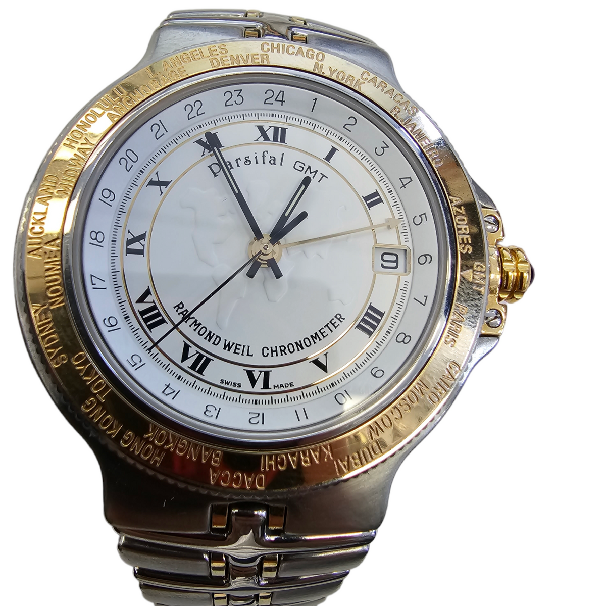 18Kt Yellow gold and Stainless Steel Raymond Weil Parsifal GMT Chronometer World Hours 38 mm