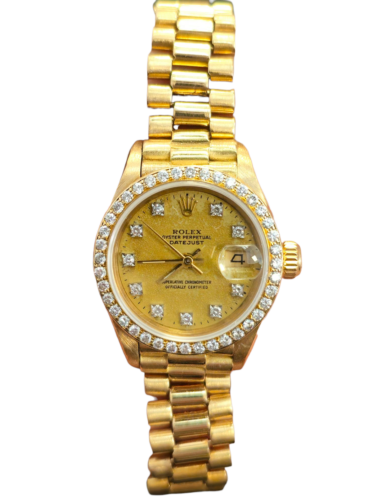 Pre-owned Rolex President Ladies 26mm w/ Diamond Bezel Dial in 18Kt Yellow Gold