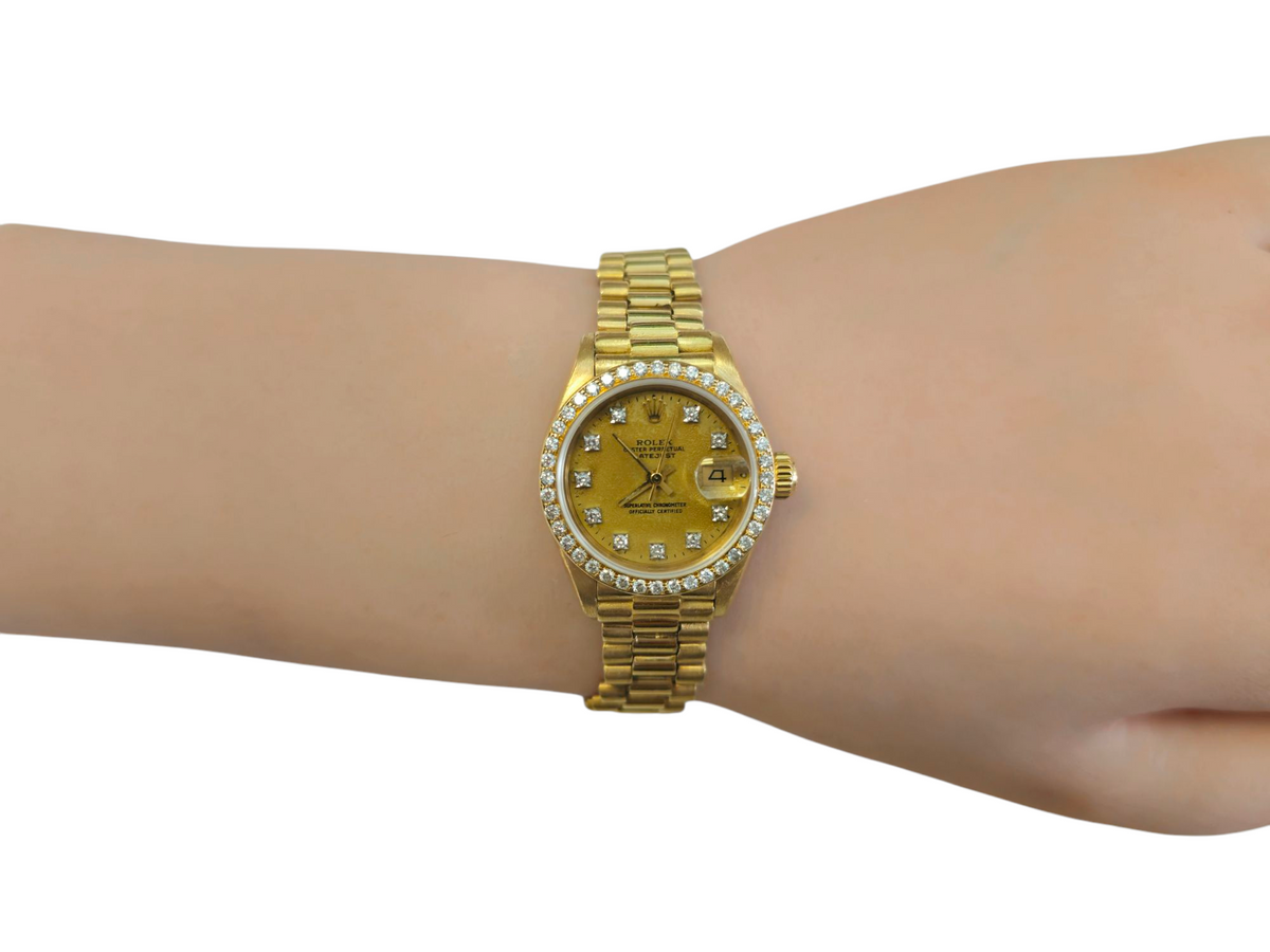 Pre-owned Rolex President Ladies 26mm w/ Diamond Bezel Dial in 18Kt Yellow Gold