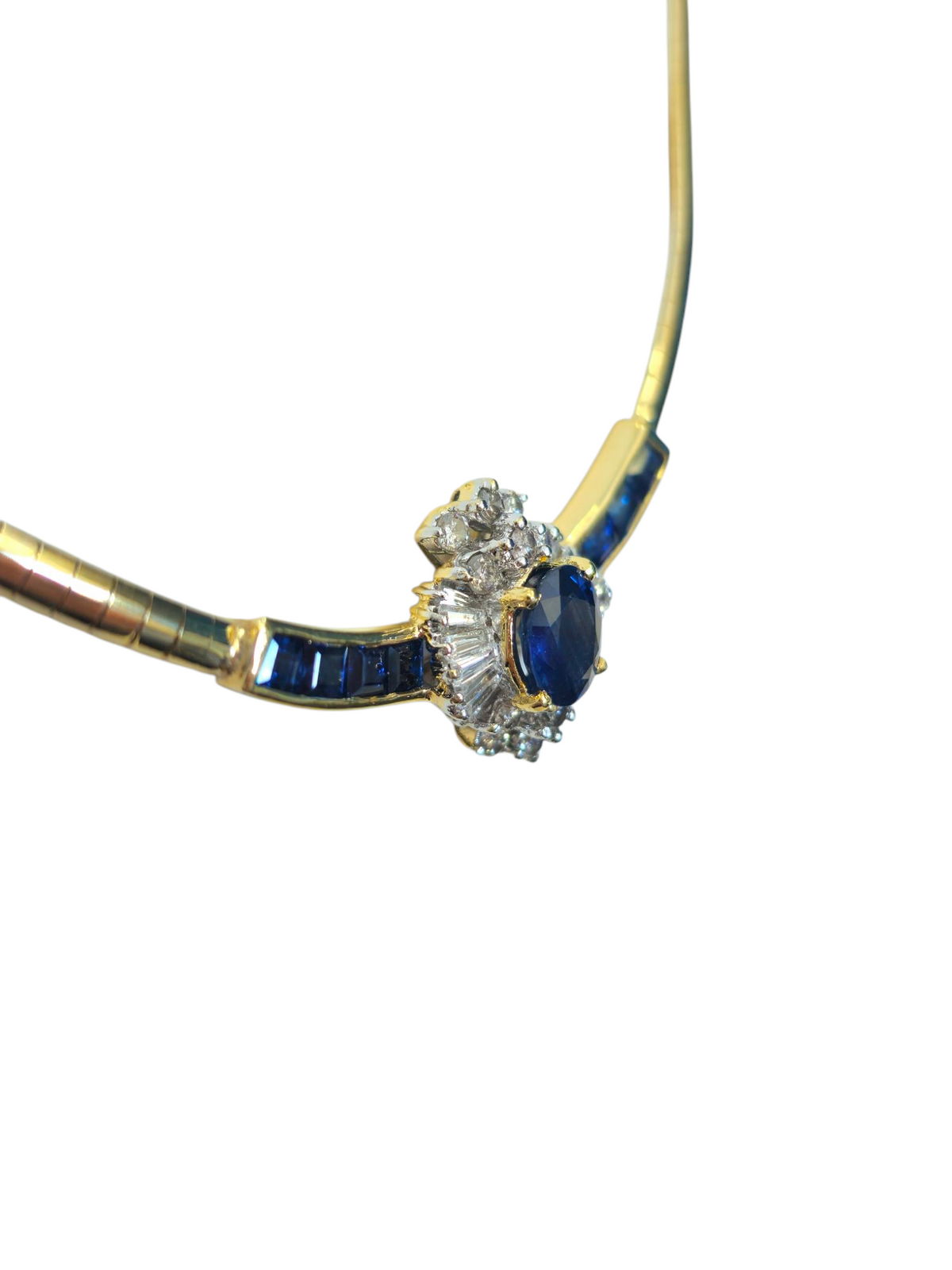 Blue Sapphire with Baguette Diamonds Necklace in 14 Karat Yellow Gold