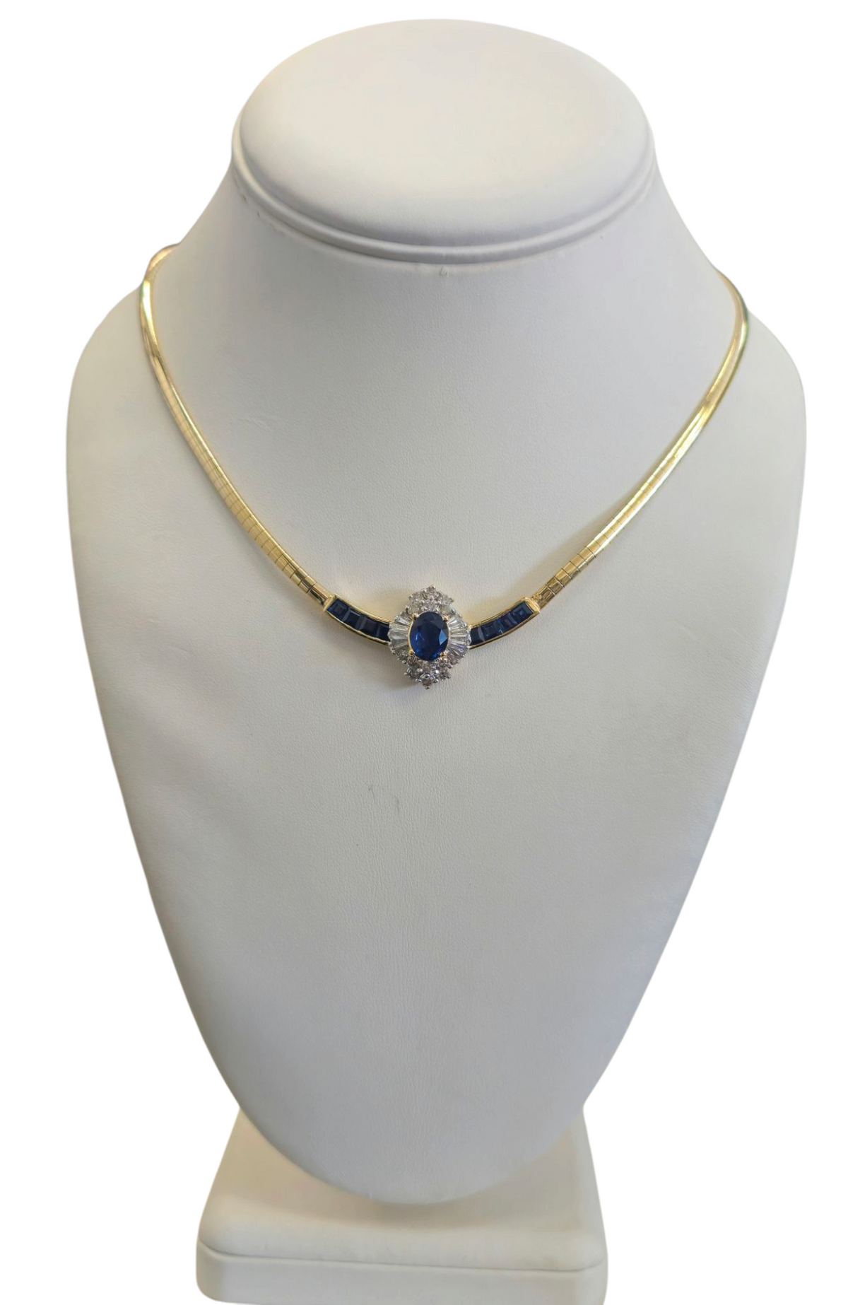 Blue Sapphire with Baguette Diamonds Necklace in 14 Karat Yellow Gold