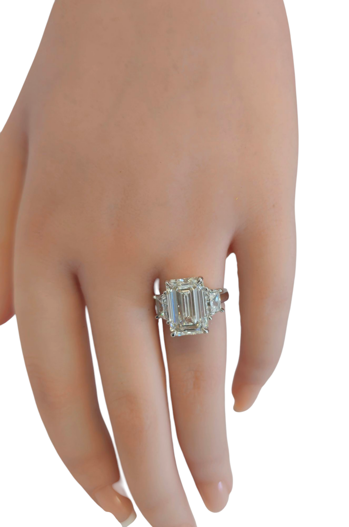 Three Stone Ring, Emerald Cut Center and Trapezoid Cut Diamond in Platinum (Lab Grown)