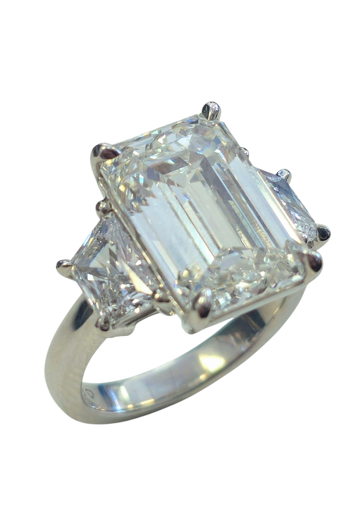 Three Stone Ring, Emerald Cut Center and Trapezoid Cut Diamond in Platinum (Lab Grown)