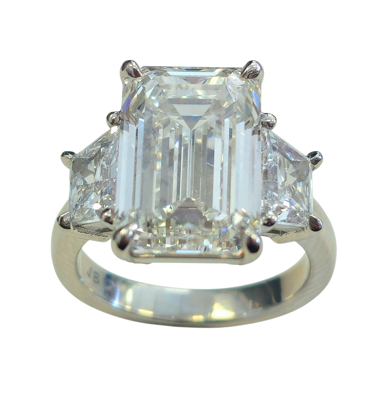 Three Stone Ring, Emerald Cut Center and Trapezoid Cut Diamond in Platinum (Lab Grown)