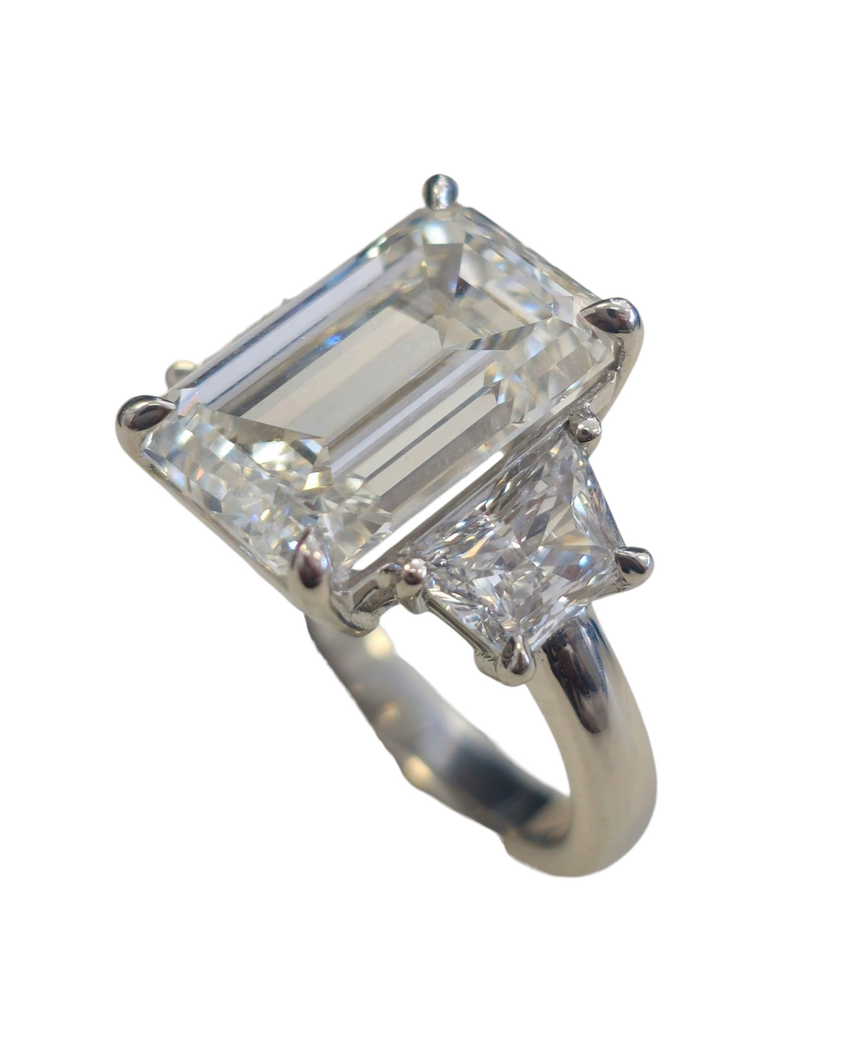 Three Stone Ring, Emerald Cut Center and Trapezoid Cut Diamond in Platinum (Lab Grown)