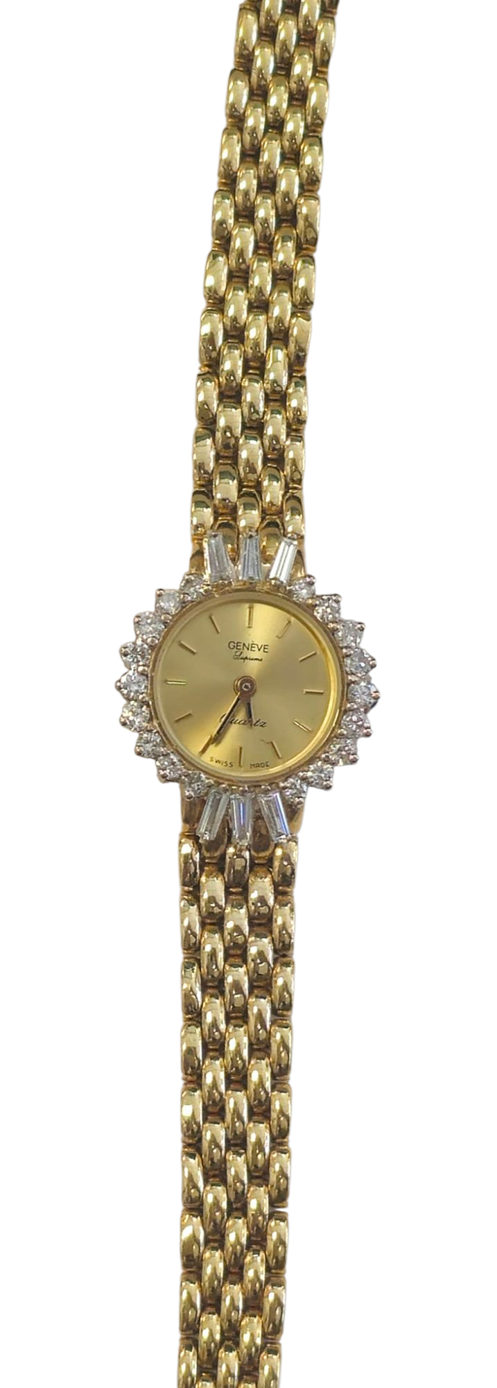 Geneve Women's Watch with Baguette and Round Cut Diamonds in 14 Karat Yellow Gold