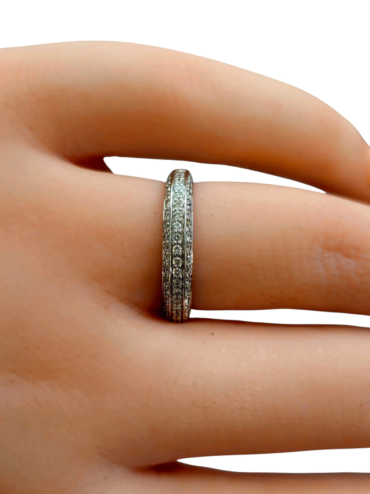 Triple Row Diamond Ring Band in 14 Karat White Gold