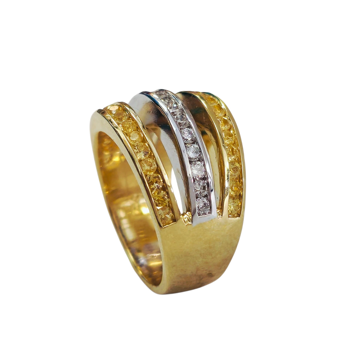 3 Row Diamond and Yellow Sapphire Ring in 14 Karat Gold Two Tone