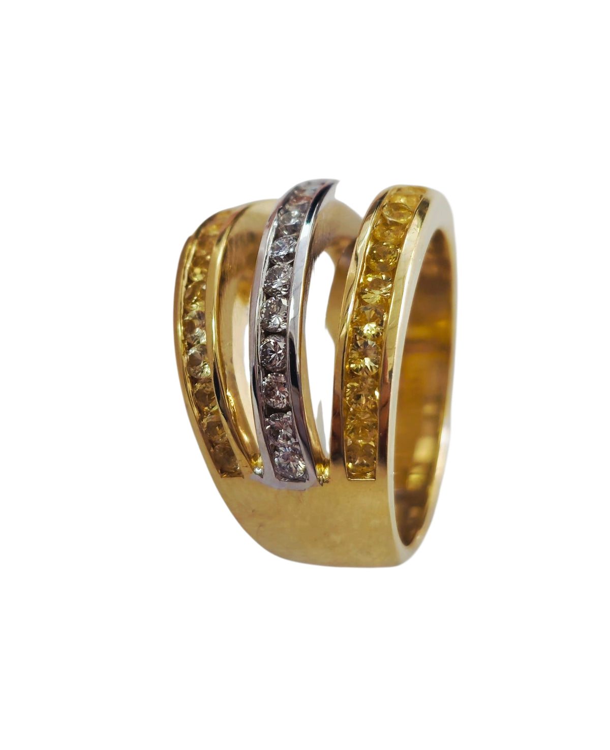 3 Row Diamond and Yellow Sapphire Ring in 14 Karat Gold Two Tone