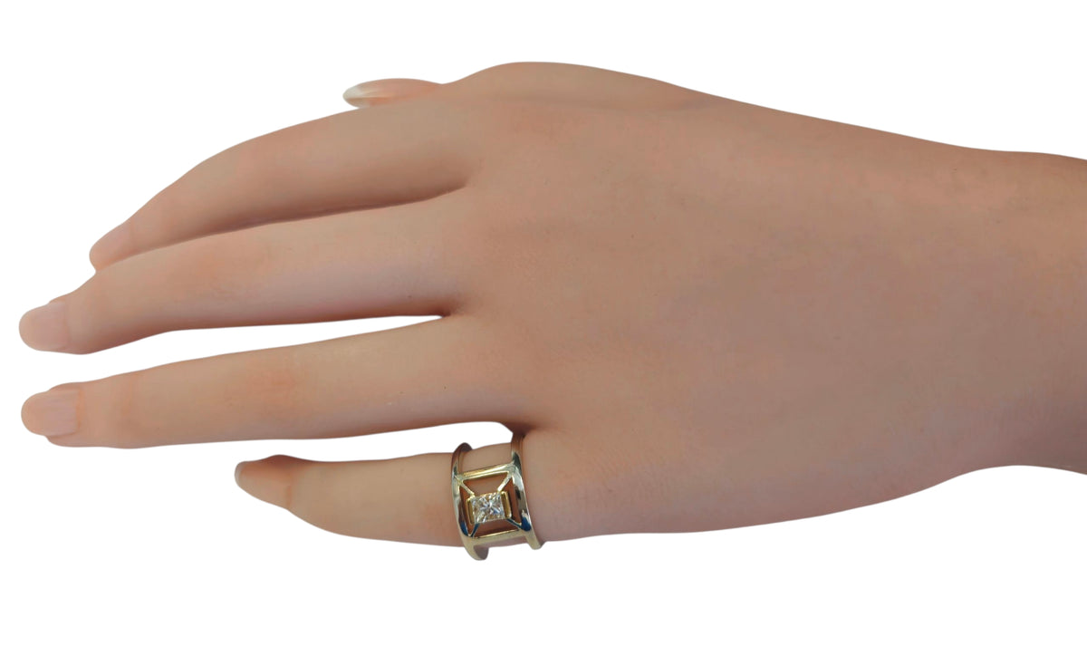 Double Band Ladies Ring with Rectangular Princess Cut Diamond in 14 Karat Yellow Gold