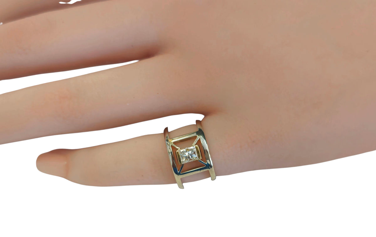 Double Band Ladies Ring with Rectangular Princess Cut Diamond in 14 Karat Yellow Gold