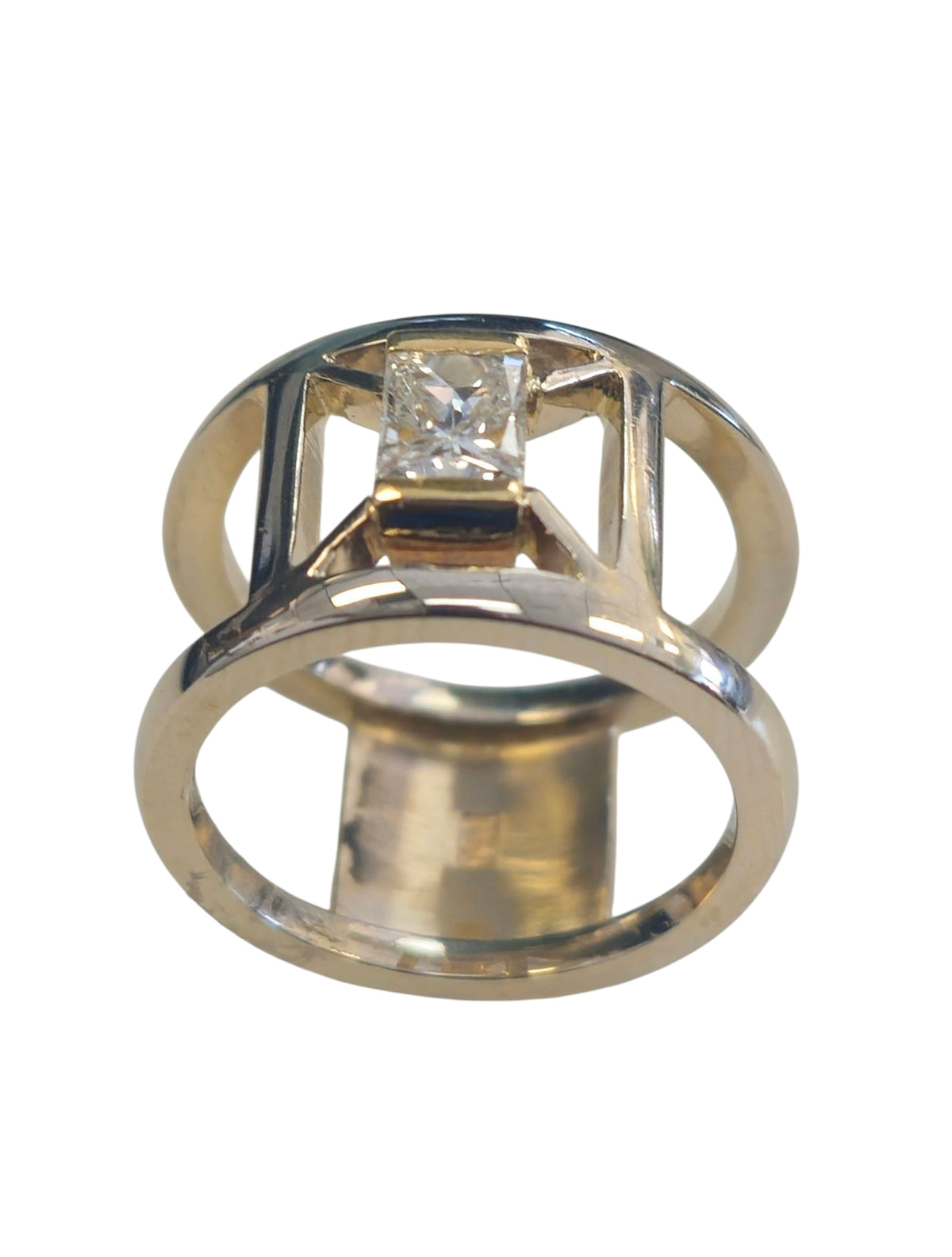 Double Band Ladies Ring with Rectangular Princess Cut Diamond in 14 Karat Yellow Gold