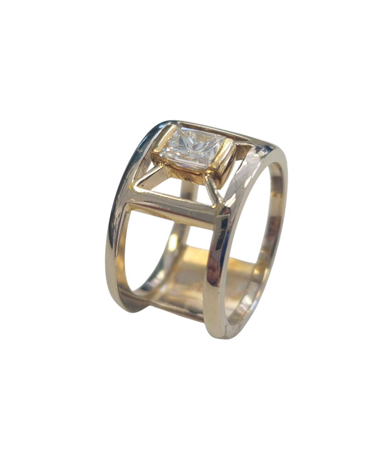 Double Band Ladies Ring with Rectangular Princess Cut Diamond in 14 Karat Yellow Gold