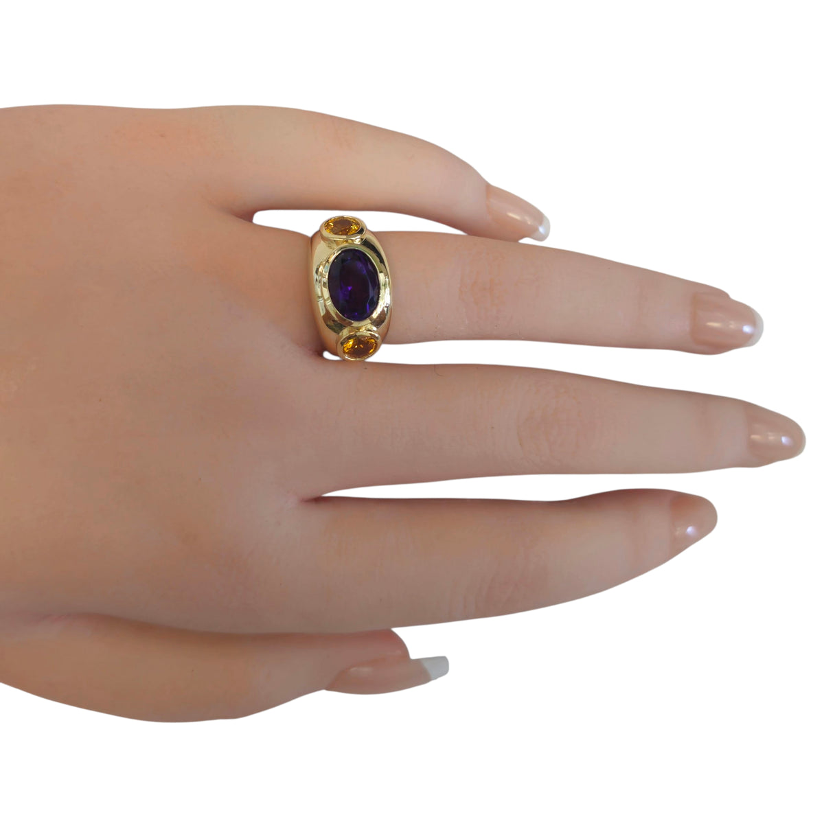 Oval Cut Amethyst and Round Cut Yellow Sapphire in 14 Karat Yellow Gold