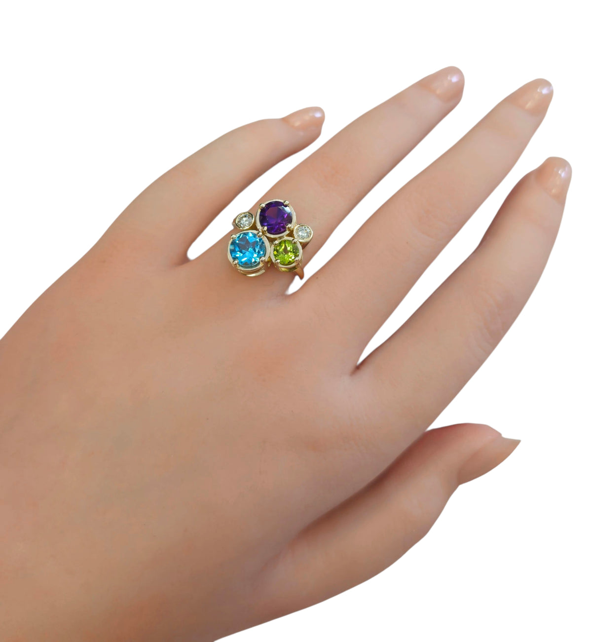 Blue Topaz , Peridot , Amethyst, and Diamond Ring in 14 Karat Yellow Gold