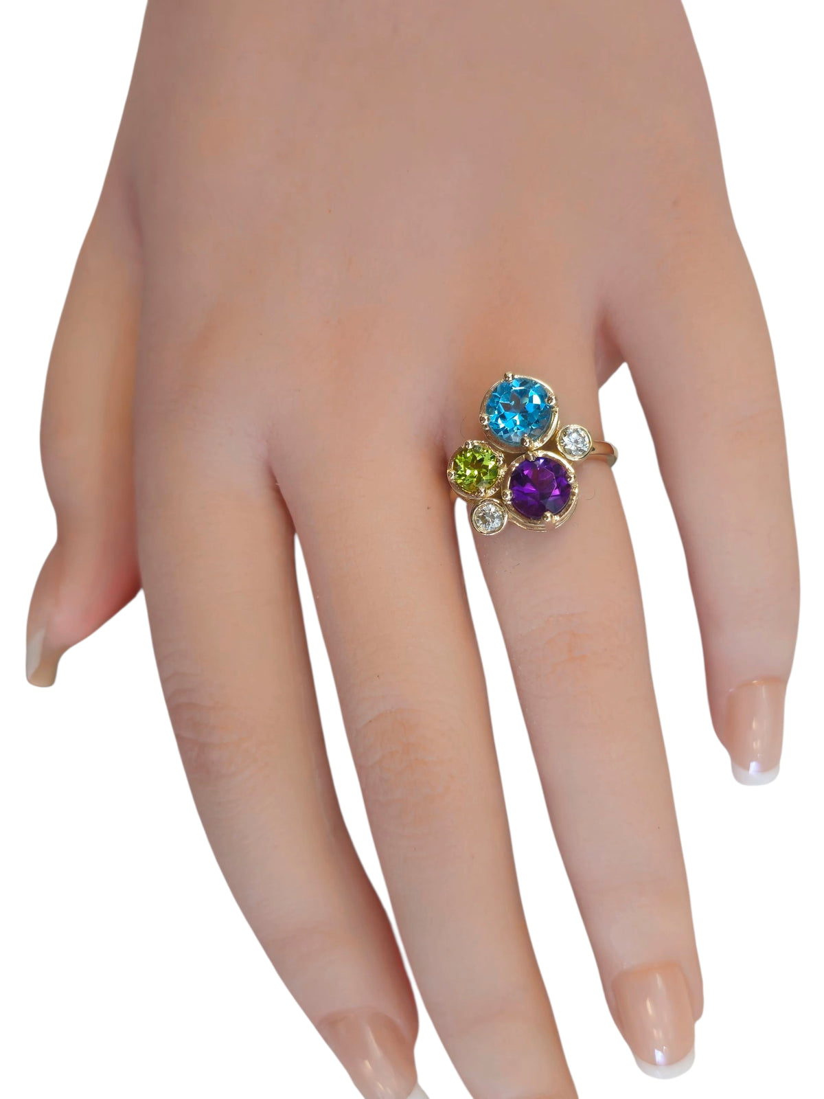 Blue Topaz , Peridot , Amethyst, and Diamond Ring in 14 Karat Yellow Gold