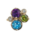 Blue Topaz , Peridot , Amethyst, and Diamond Ring in 14 Karat Yellow Gold