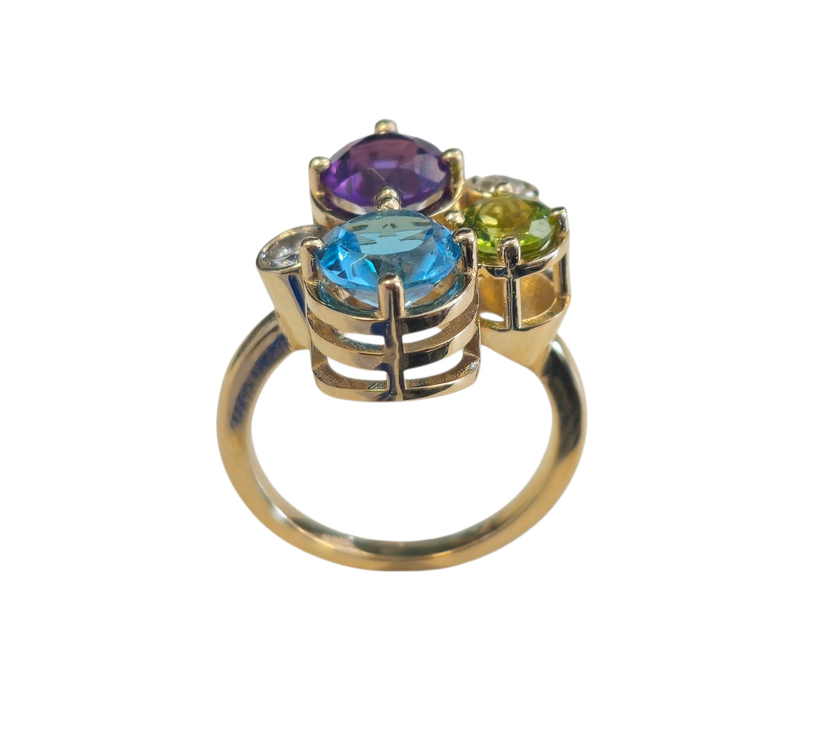 Blue Topaz , Peridot , Amethyst, and Diamond Ring in 14 Karat Yellow Gold