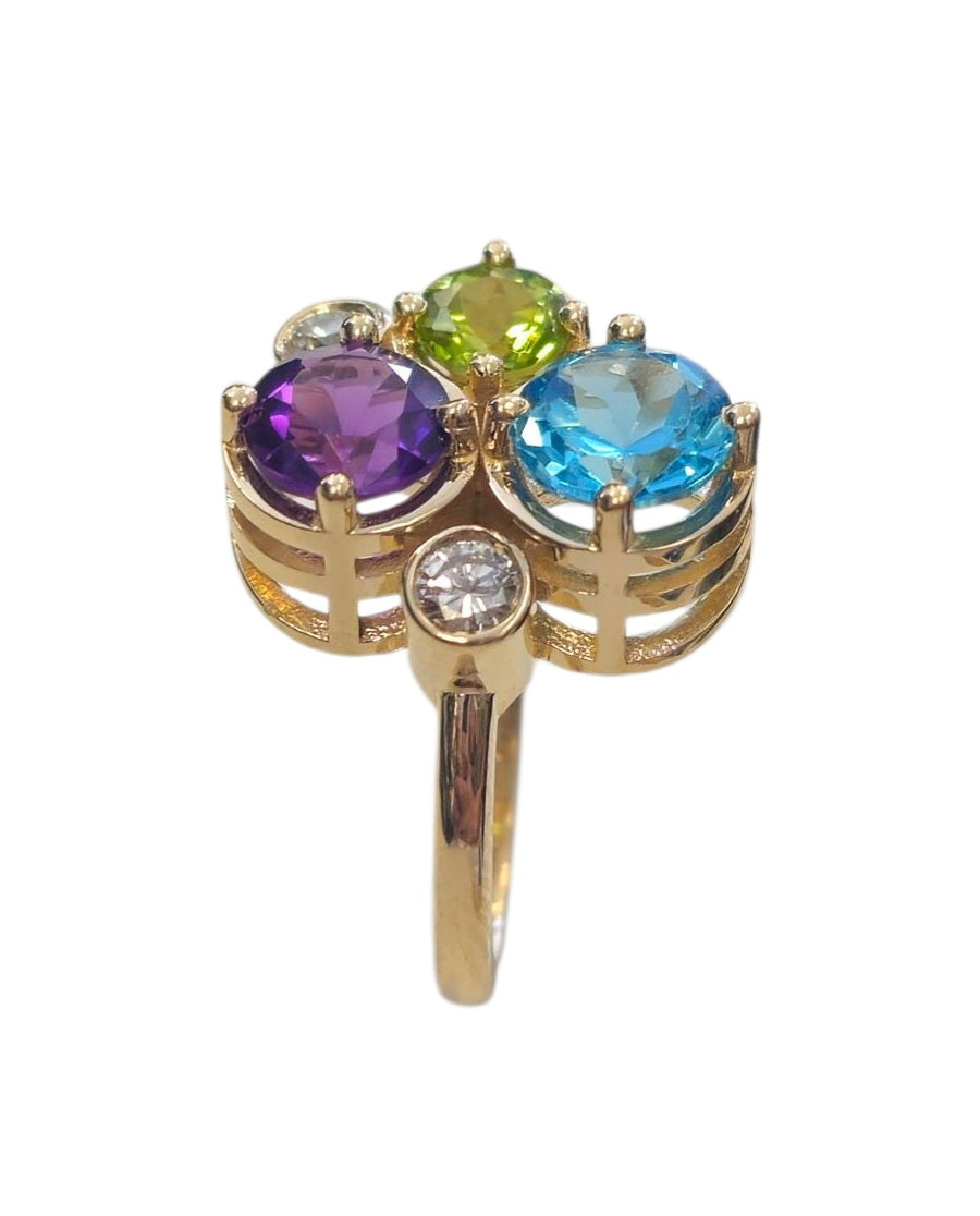 Blue Topaz , Peridot , Amethyst, and Diamond Ring in 14 Karat Yellow Gold