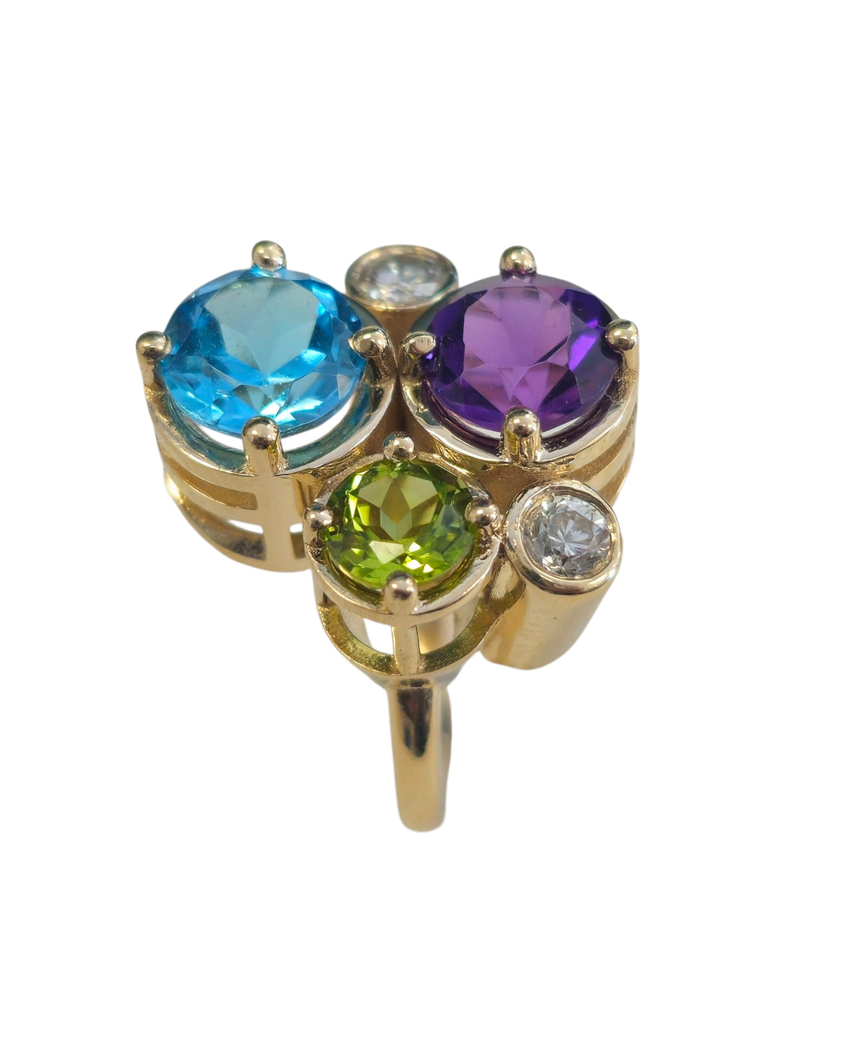 Blue Topaz , Peridot , Amethyst, and Diamond Ring in 14 Karat Yellow Gold