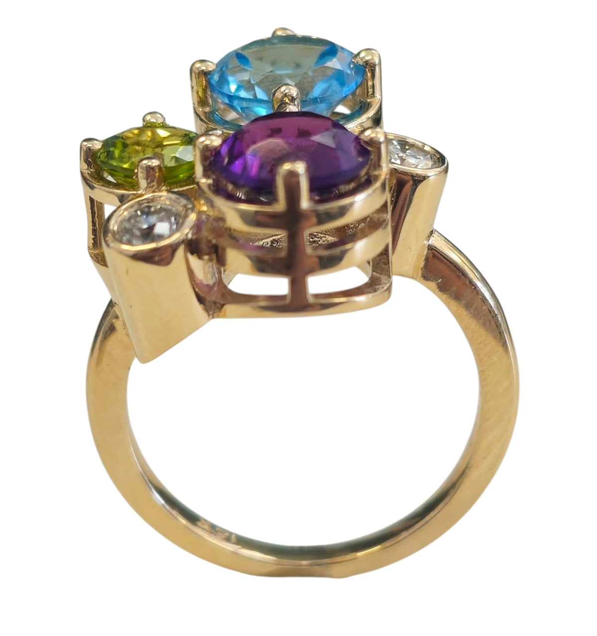 Blue Topaz , Peridot , Amethyst, and Diamond Ring in 14 Karat Yellow Gold