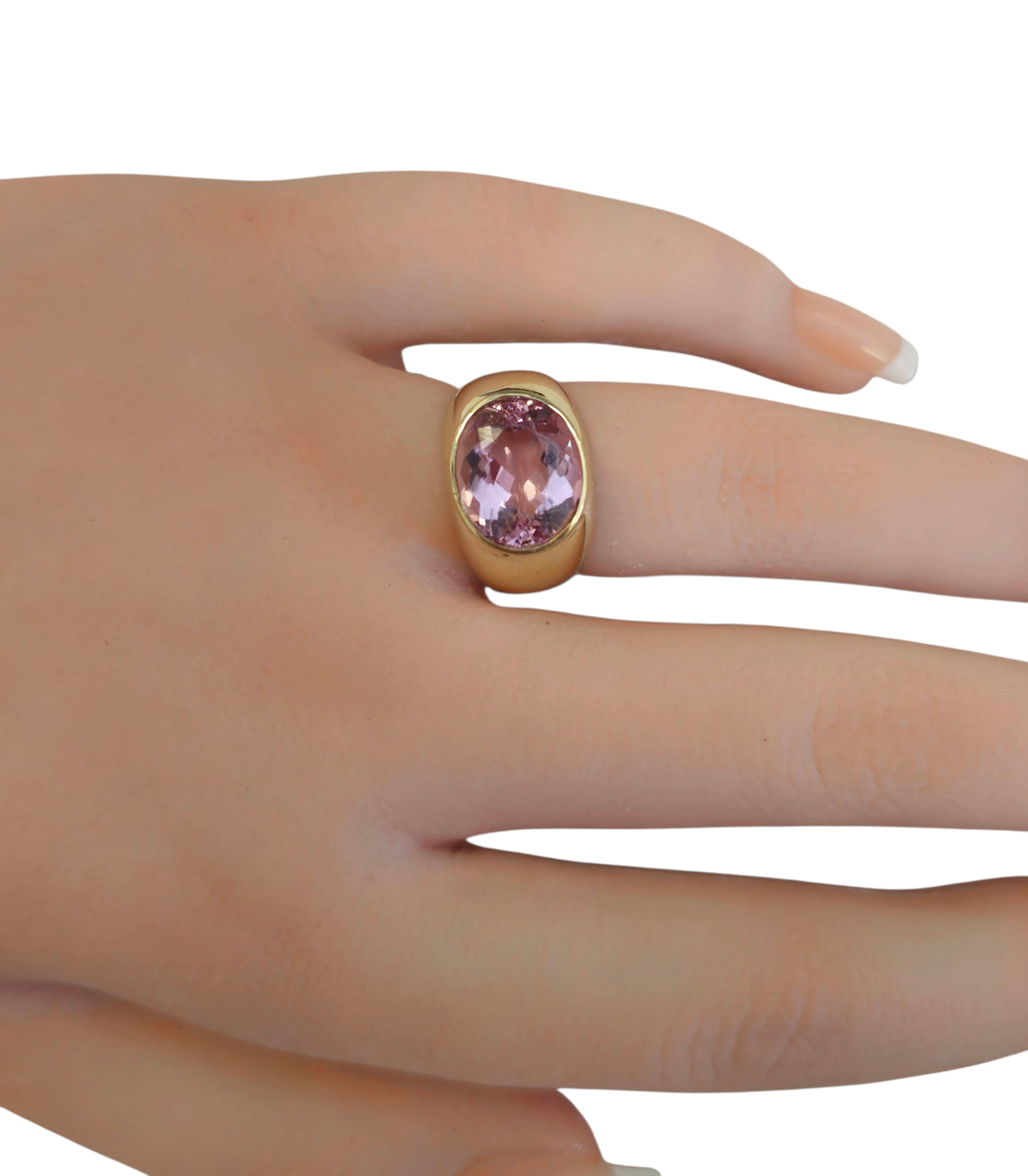 Oval Cut Kunzite Wide Band Ring in 14 Karat Yellow Gold