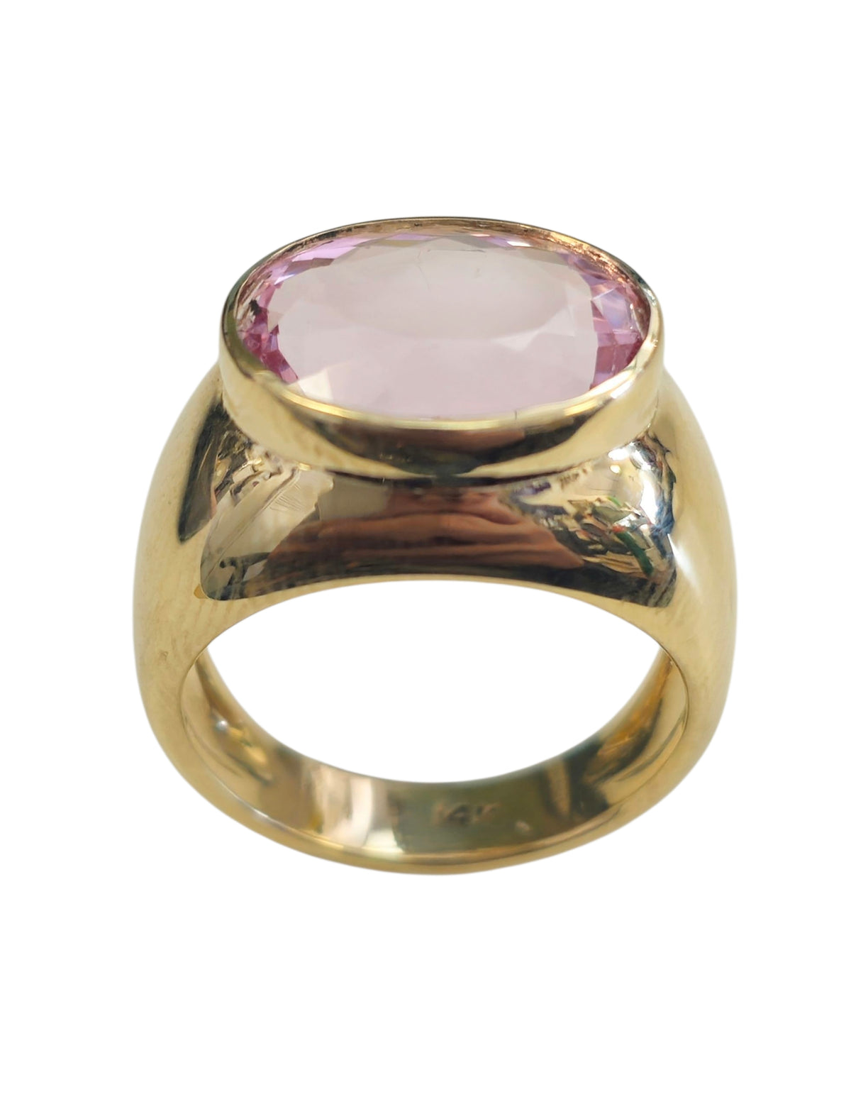 Oval Cut Kunzite Wide Band Ring in 14 Karat Yellow Gold