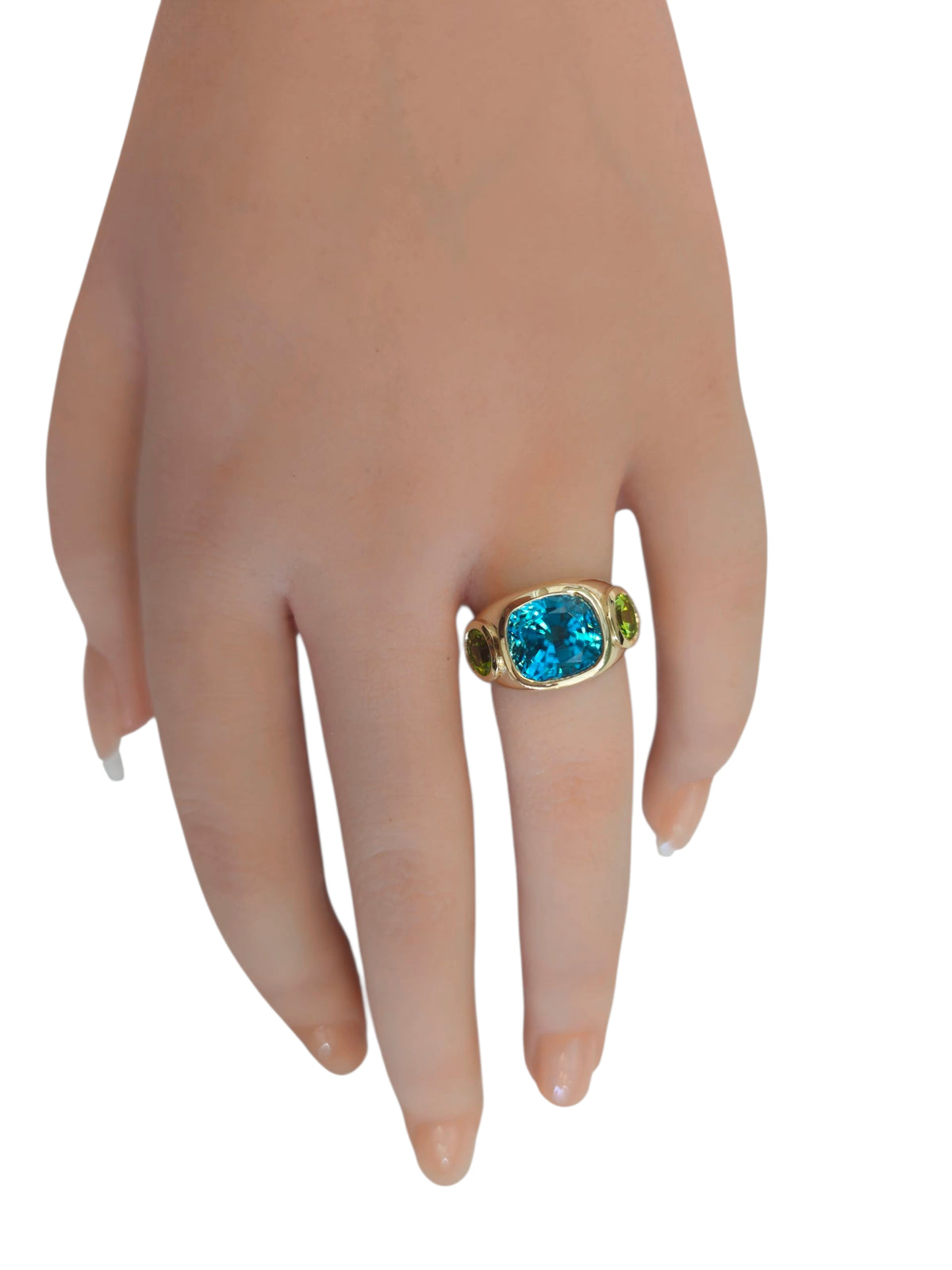Blue Zircon Cushion Cut and Round Cut Peridot Wide Band Ring in 14 Karat Yellow Gold