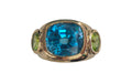 Blue Zircon Cushion Cut and Round Cut Peridot Wide Band Ring in 14 Karat Yellow Gold