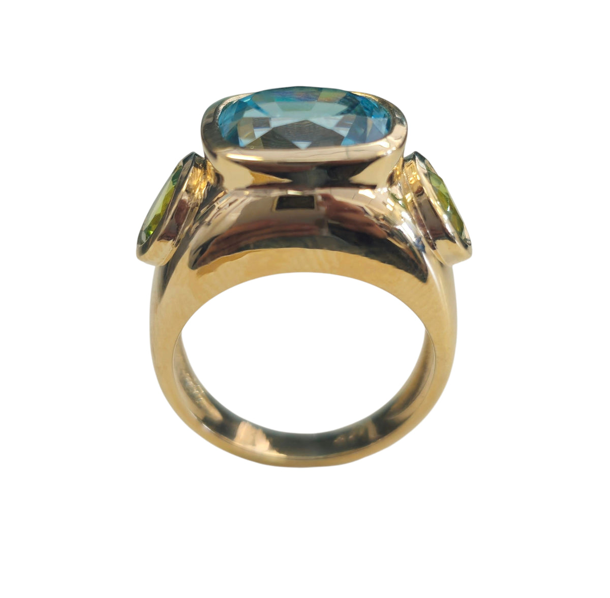 Blue Zircon Cushion Cut and Round Cut Peridot Wide Band Ring in 14 Karat Yellow Gold