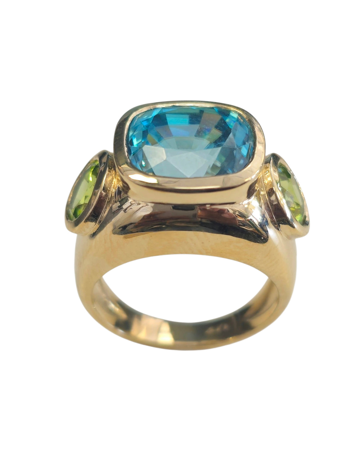 Blue Zircon Cushion Cut and Round Cut Peridot Wide Band Ring in 14 Karat Yellow Gold