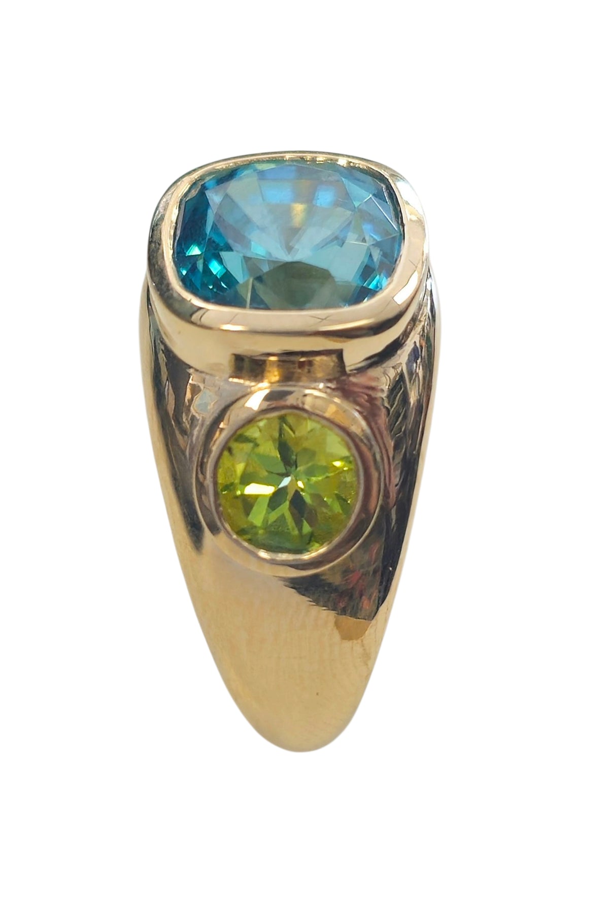 Blue Zircon Cushion Cut and Round Cut Peridot Wide Band Ring in 14 Karat Yellow Gold