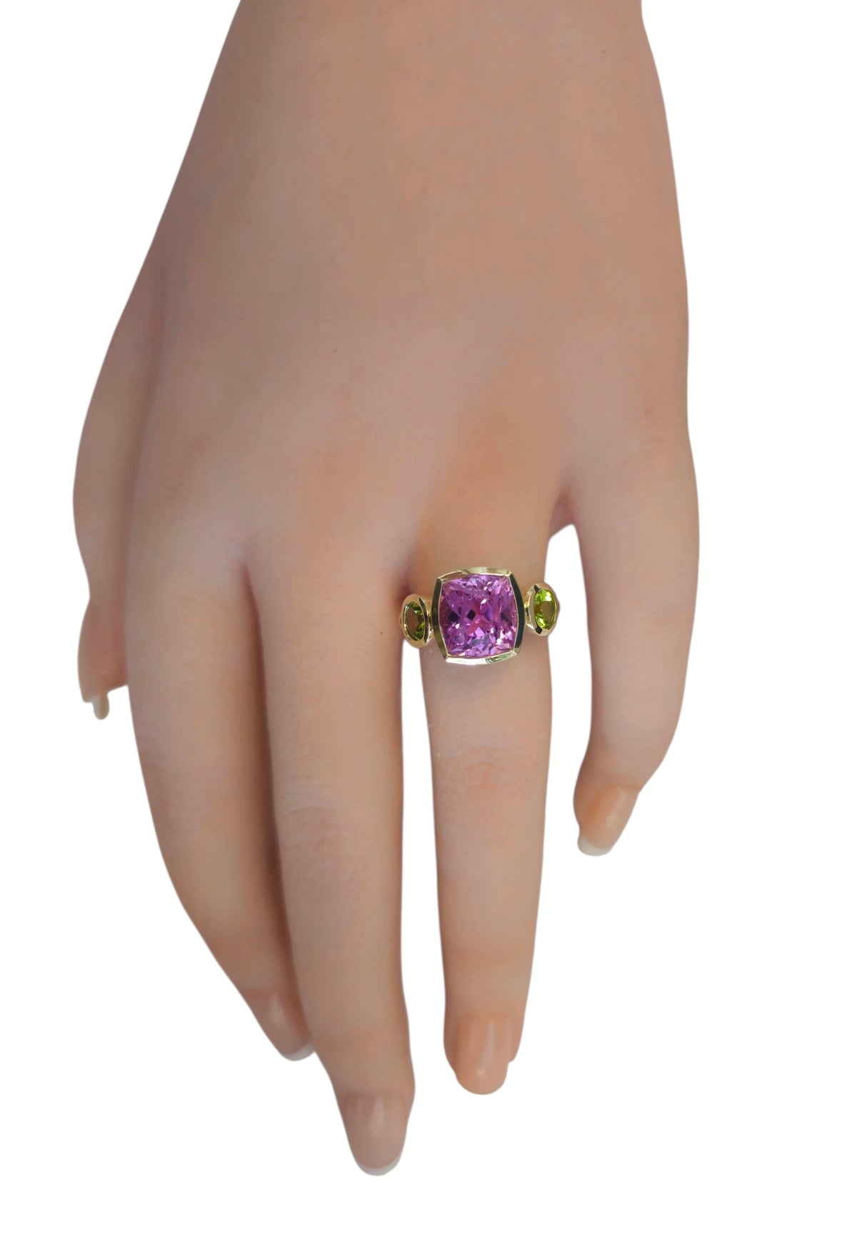 Kunzite and Peridot Ring in 14 Karat Yellow Gold