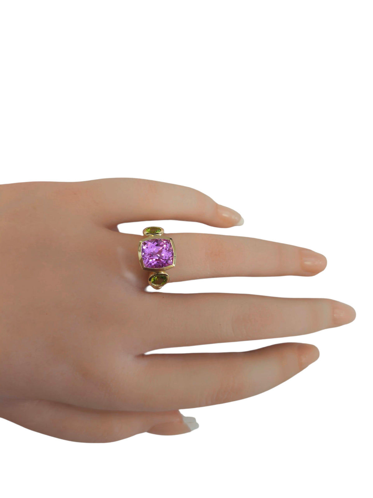 Kunzite and Peridot Ring in 14 Karat Yellow Gold