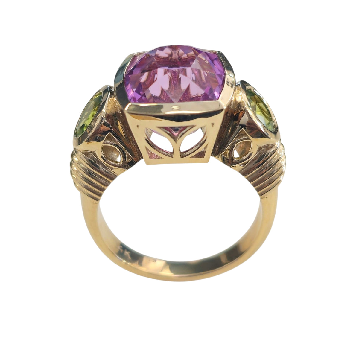 Kunzite and Peridot Ring in 14 Karat Yellow Gold