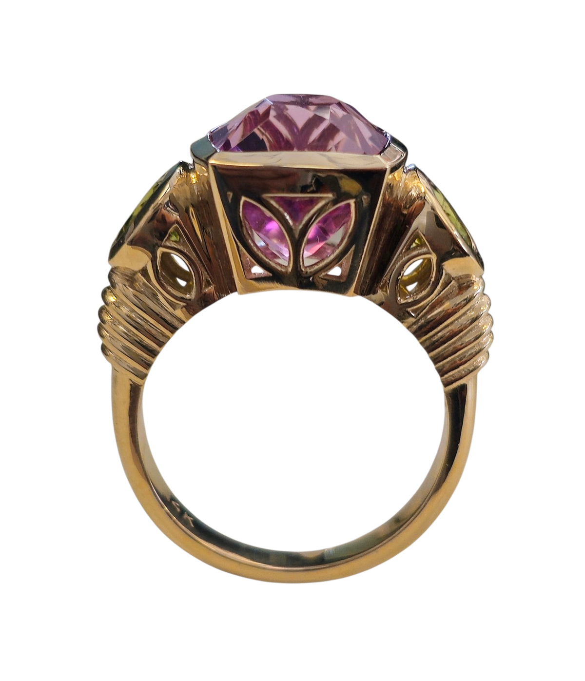 Kunzite and Peridot Ring in 14 Karat Yellow Gold