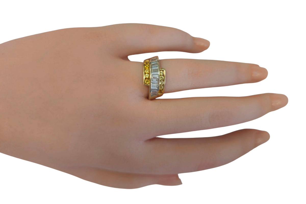 Curved Three-Row Baguette Diamonds and Yellow Sapphire Ring in 14 Karat Two Tone Gold