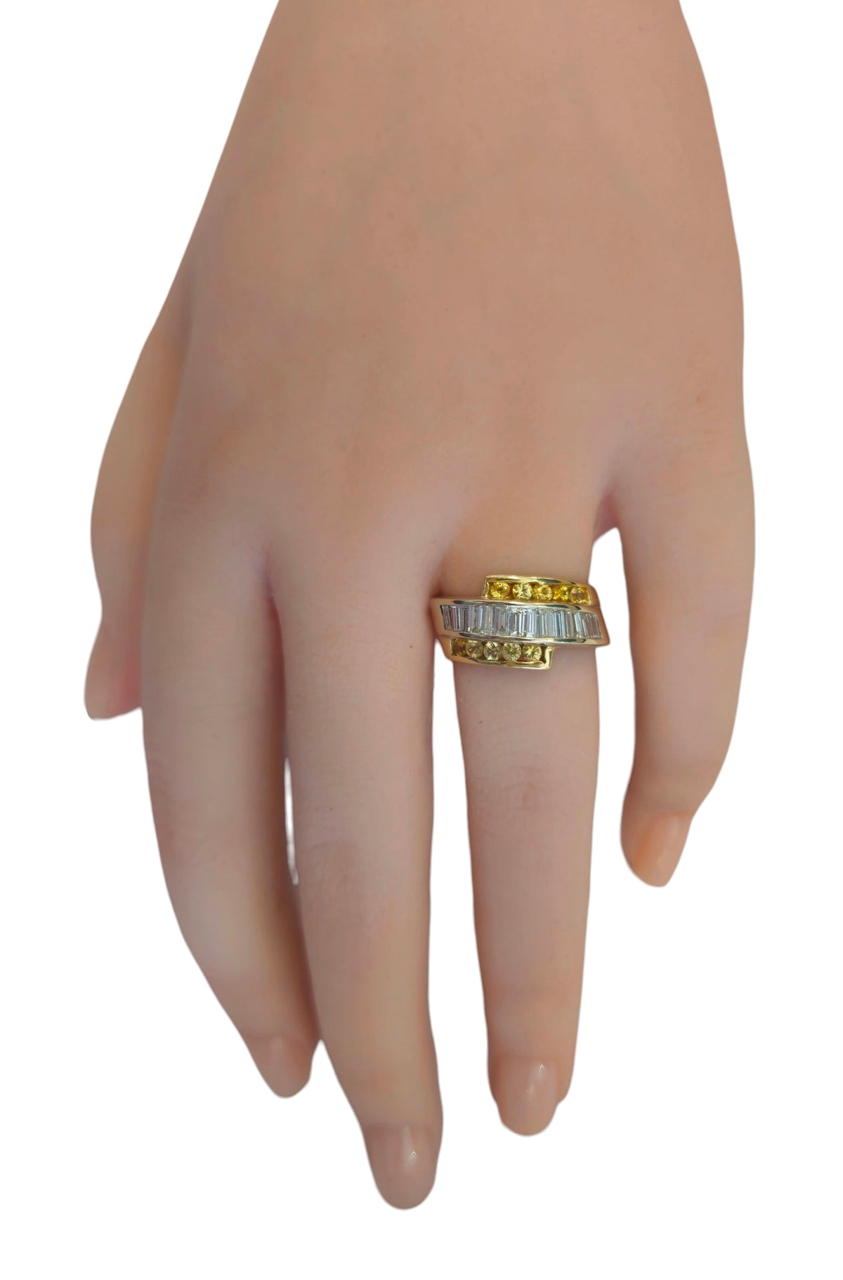 Curved Three-Row Baguette Diamonds and Yellow Sapphire Ring in 14 Karat Two Tone Gold