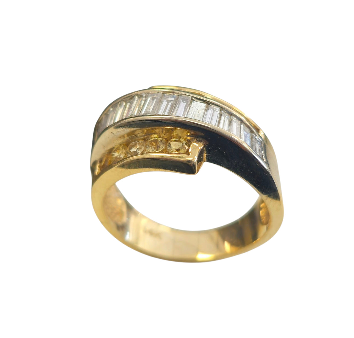 Curved Three-Row Baguette Diamonds and Yellow Sapphire Ring in 14 Karat Two Tone Gold