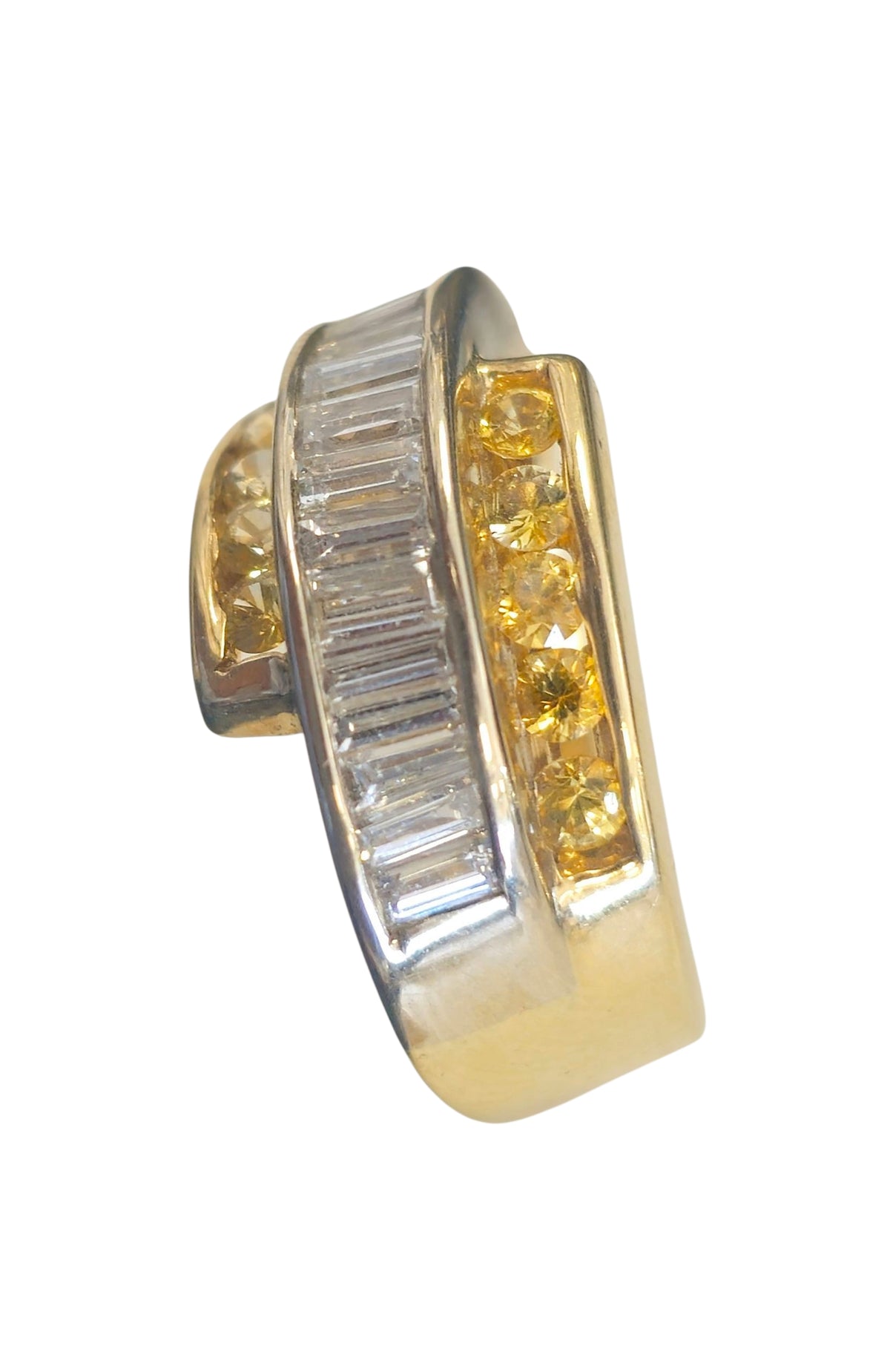 Curved Three-Row Baguette Diamonds and Yellow Sapphire Ring in 14 Karat Two Tone Gold