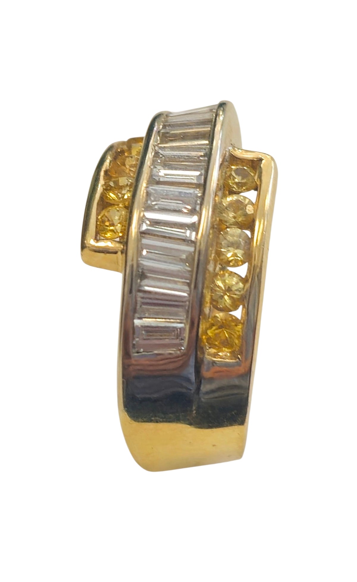 Curved Three-Row Baguette Diamonds and Yellow Sapphire Ring in 14 Karat Two Tone Gold