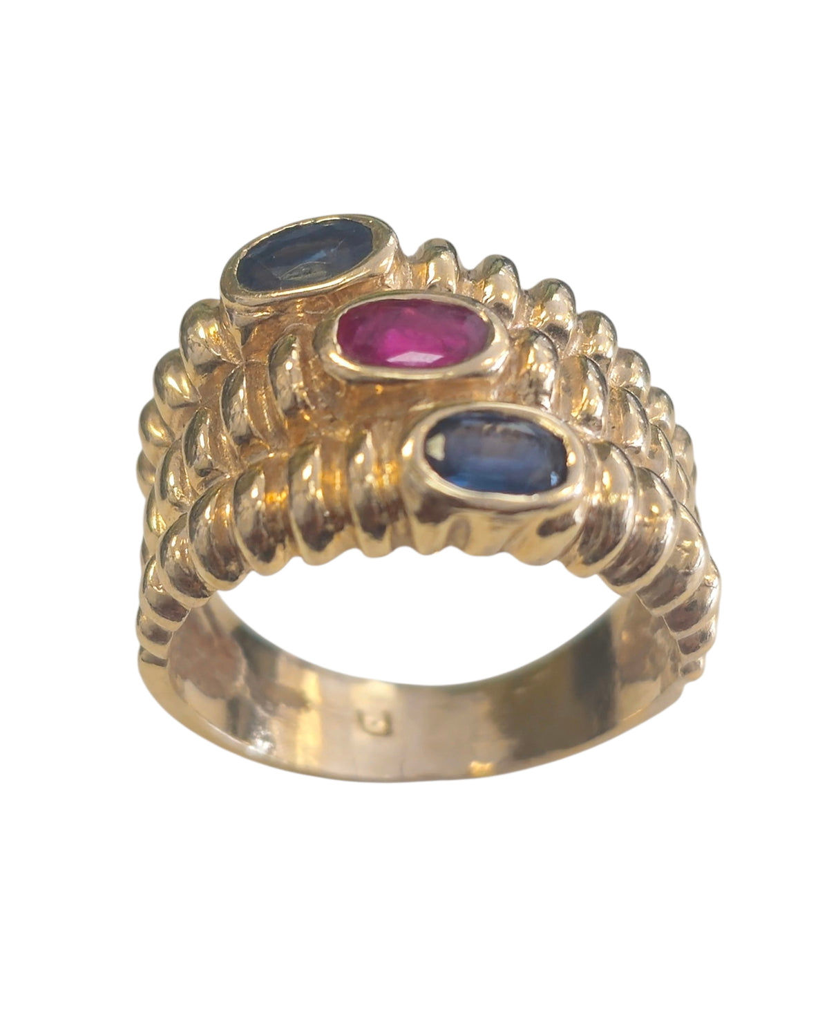 Blue Sapphire and Ruby Ring  In 14 Karat Yellow Gold