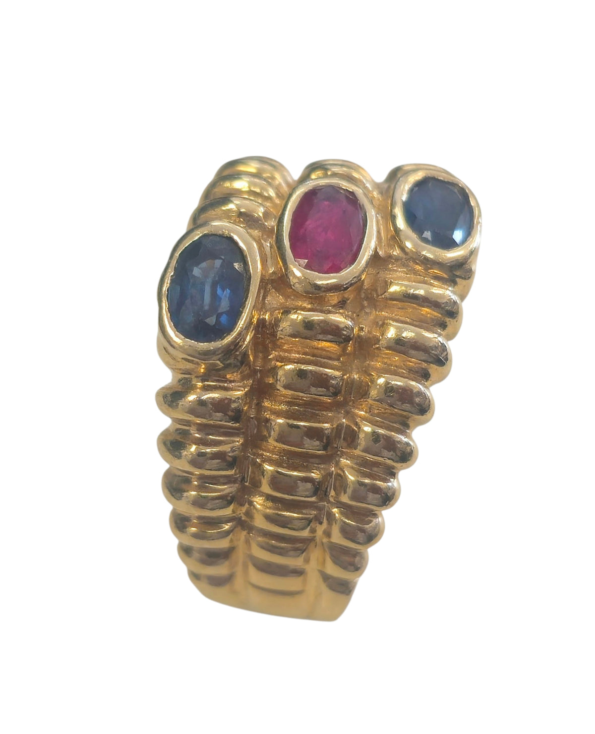 Blue Sapphire and Ruby Ring  In 14 Karat Yellow Gold
