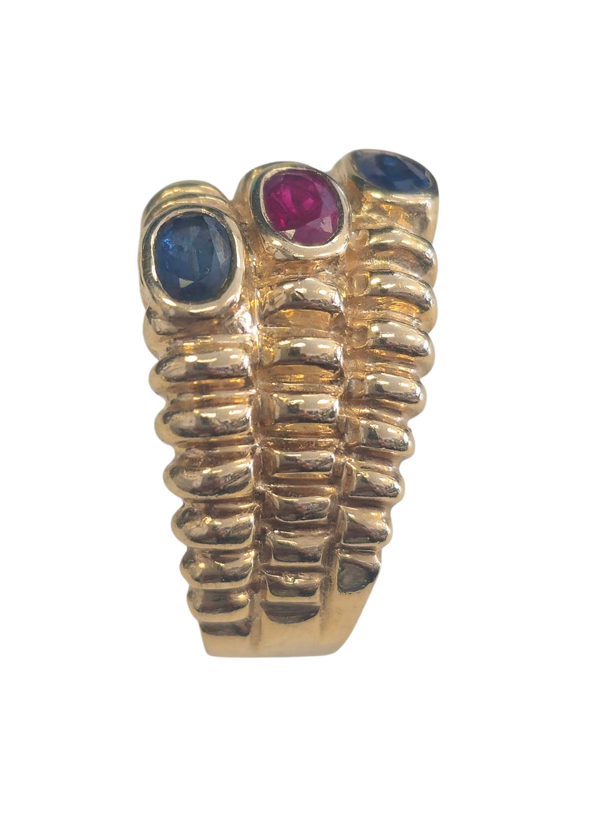 Blue Sapphire and Ruby Ring  In 14 Karat Yellow Gold