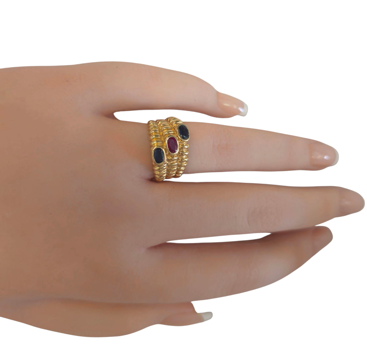 Blue Sapphire and Ruby Ring  In 14 Karat Yellow Gold