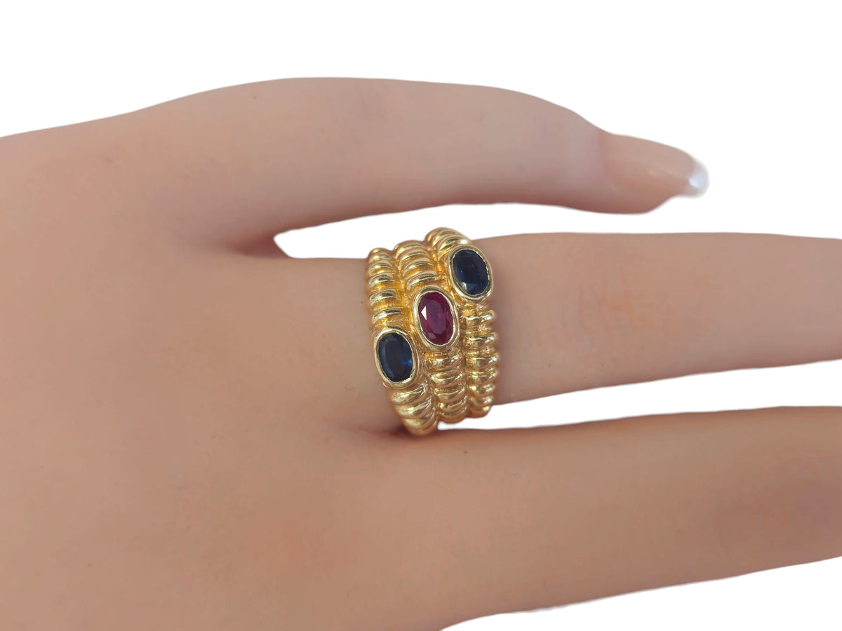 Blue Sapphire and Ruby Ring  In 14 Karat Yellow Gold