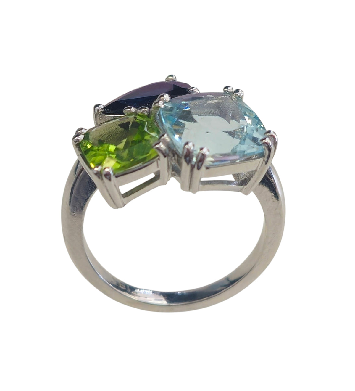 Peridot , Aquamarine, and Sapphire Ring in 18 Karat White Gold