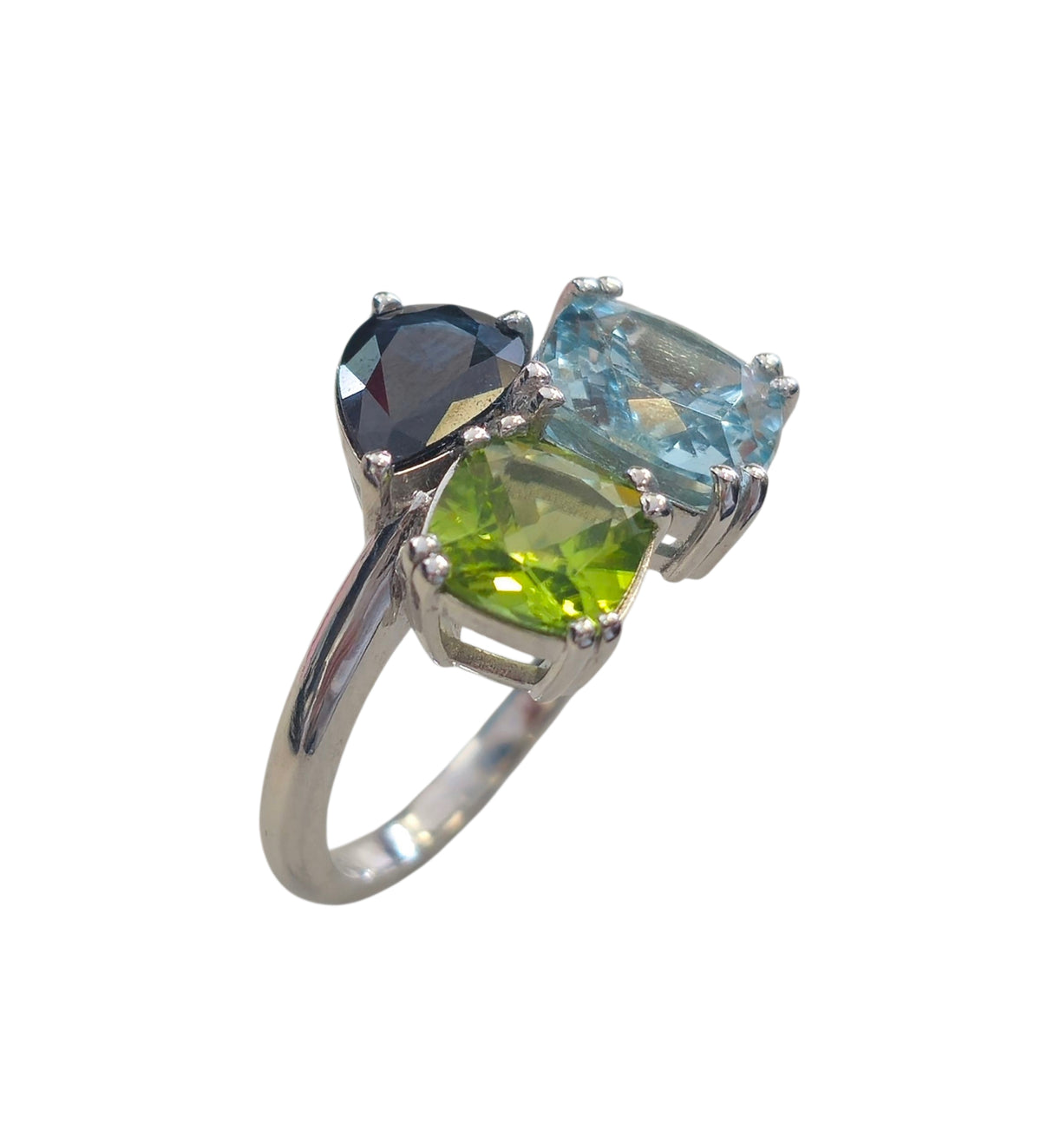 Peridot , Aquamarine, and Sapphire Ring in 18 Karat White Gold