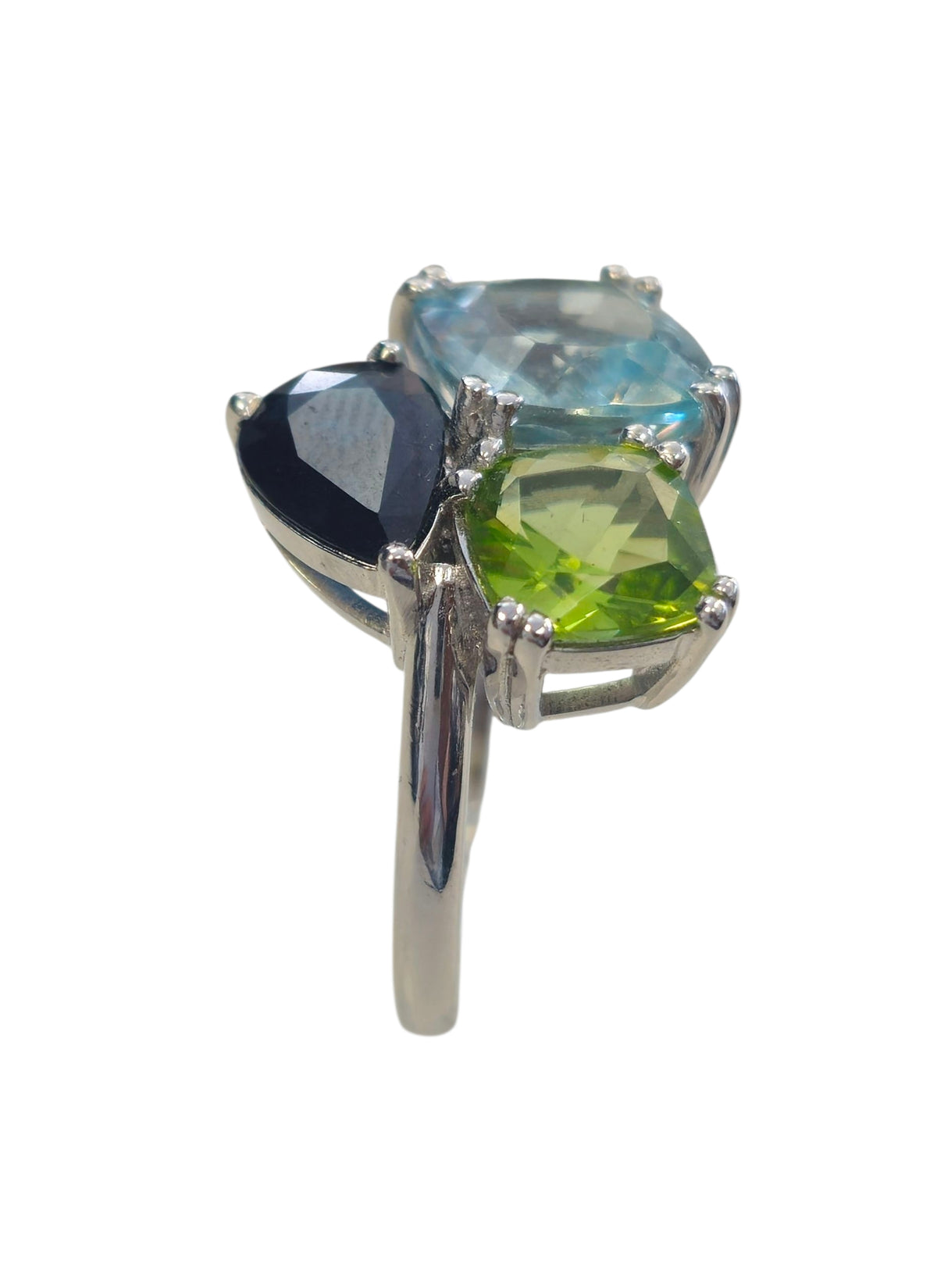 Peridot , Aquamarine, and Sapphire Ring in 18 Karat White Gold